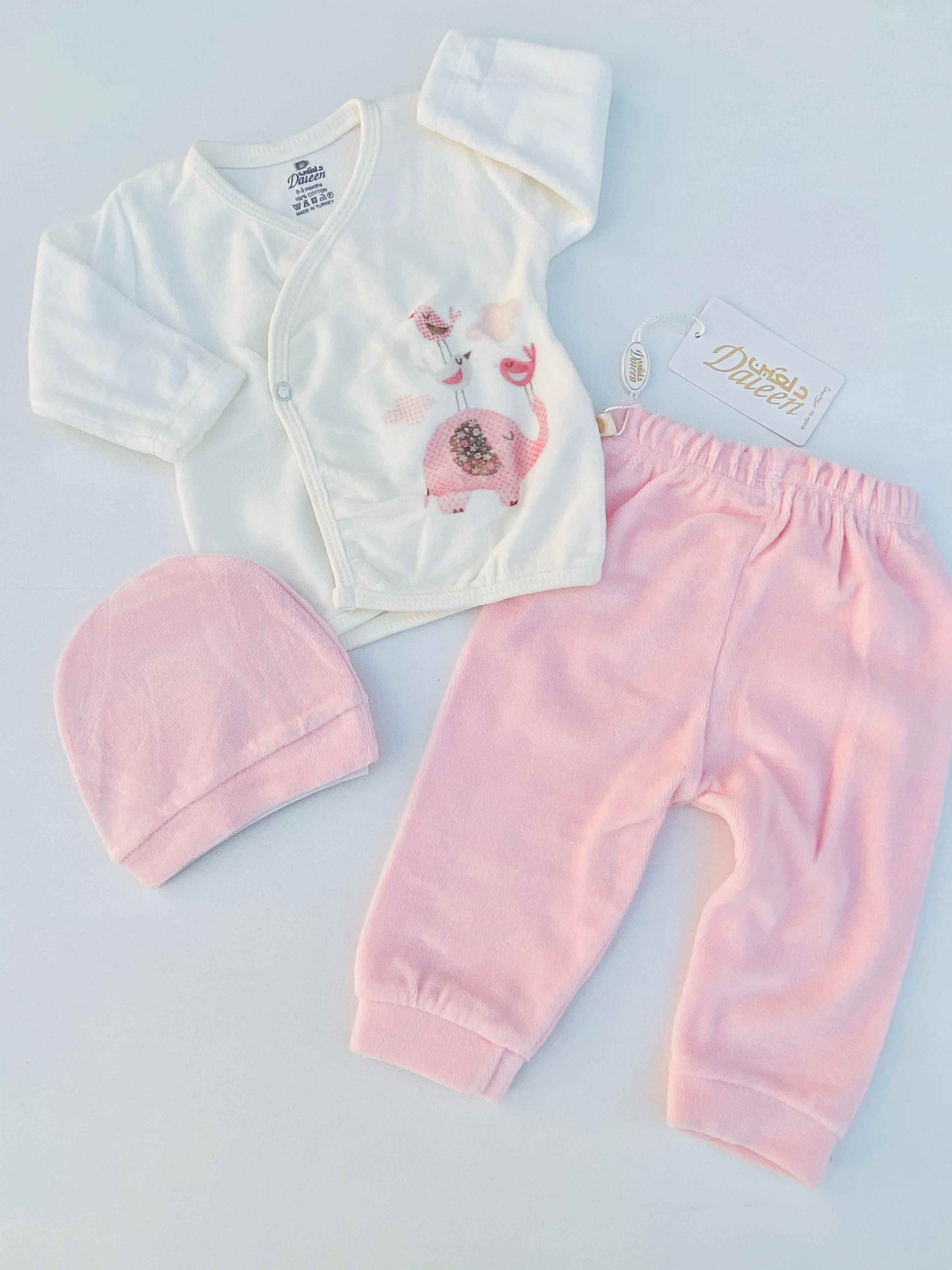 طقم 3 قطع بيبي بناتي قديفه شكل فيل لون وردي Daleen 10810